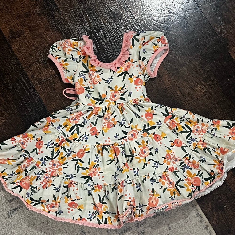 Sweet Honey Floral Ruffle Dress with Pink Trim
